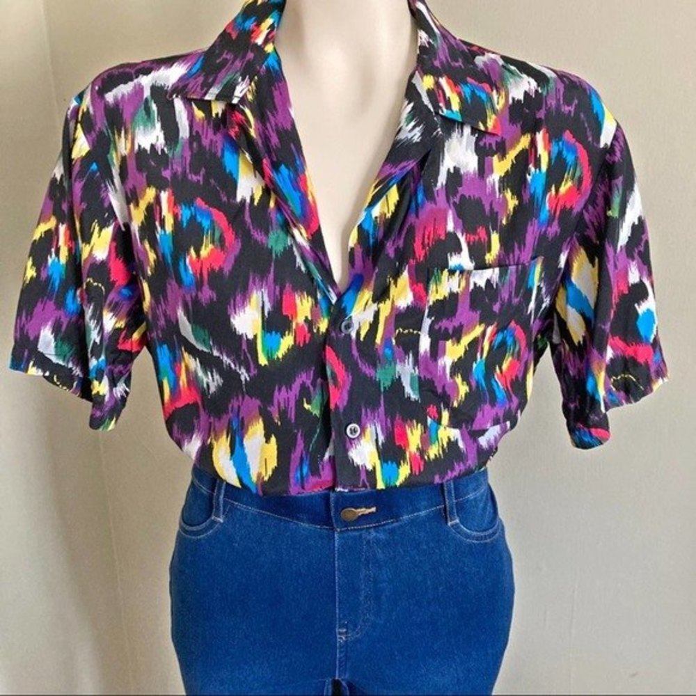 Vintage 80s hand screened ikat rainbow shirt by Michael Gerard Stranger Things